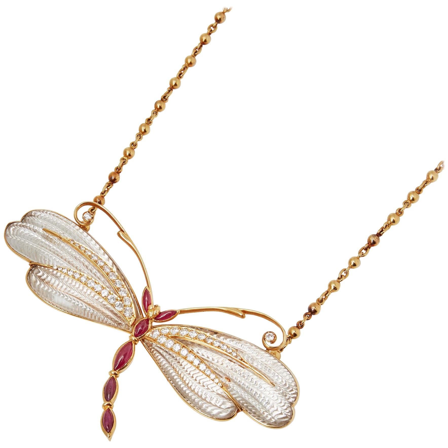 Boucheron 18 Karat Yellow Gold Diamond & Ruby Dragonfly Pendant Necklace