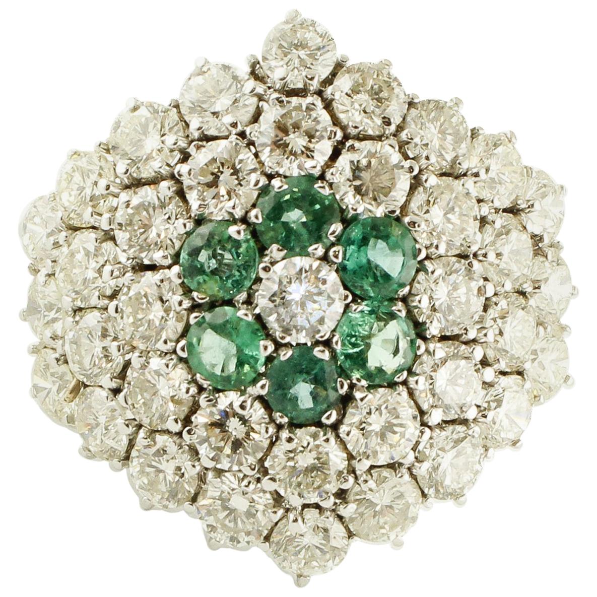 Diamonds, Emerald Flower, 14 Karat White Gold Cluster Ring For Sale