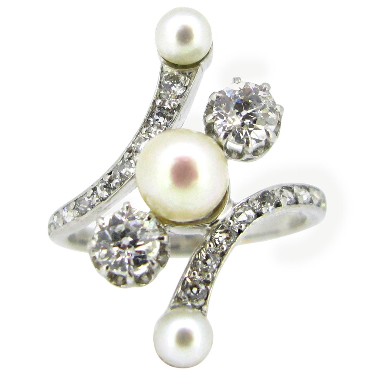 Edwardian Belle Epoque Natural Pearl Diamonds White Gold Platinum Crossover Ring For Sale