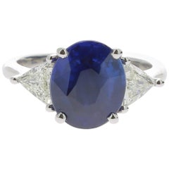 4.50 Carat Ceylon Intense Blue Sapphire Cocktail Ring Set with Triangle Diamond