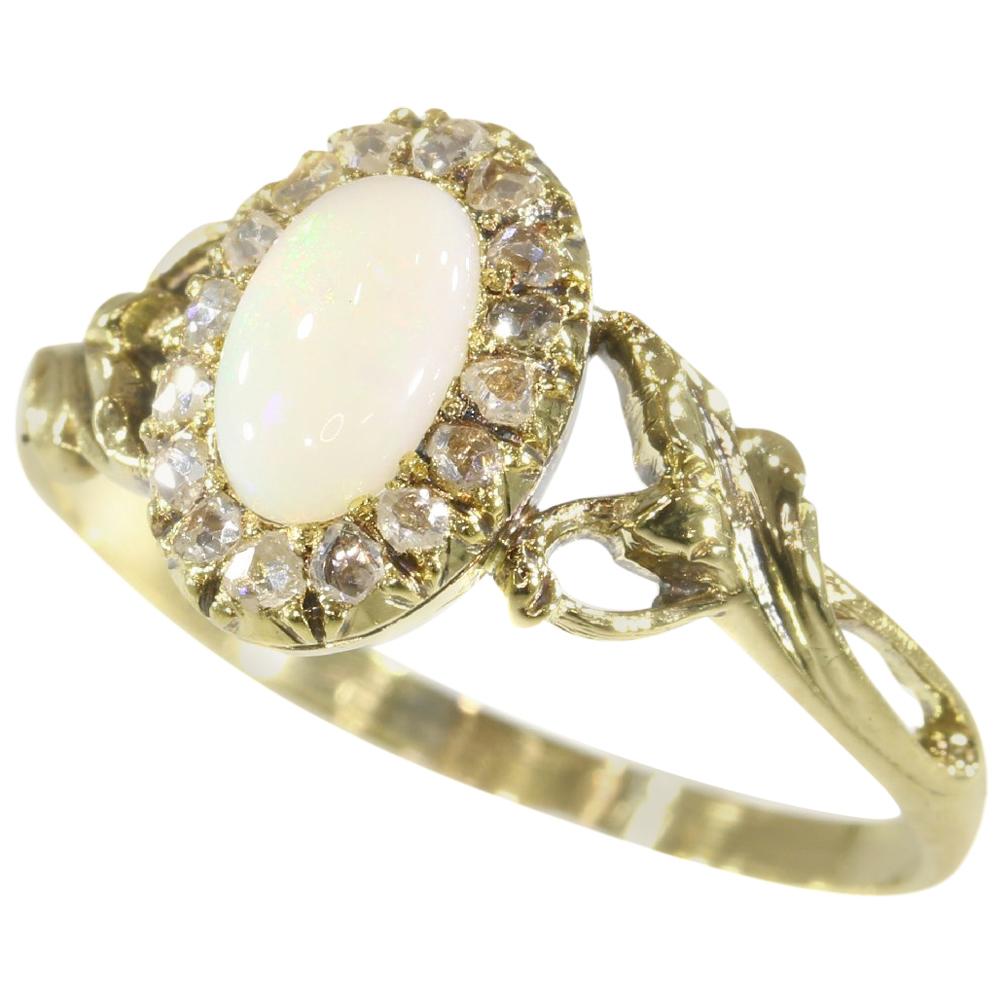 French Antique Art Nouveau Gold Ring with Diamonds and Opal