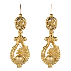 Antique French 19th Century Vine Leaves Yellow Gold Dangle Earrings