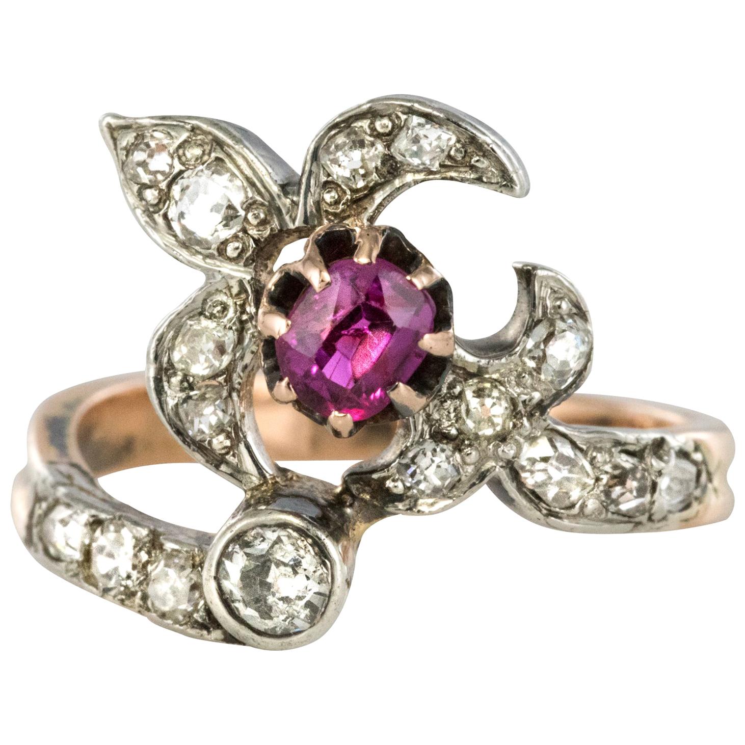 19th Century French Napoleon III Lily Flower Shape Ruby Diamond Rose Gold Ring