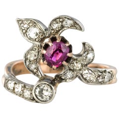 Antique 19th Century French Napoleon III Lily Flower Shape Ruby Diamond Rose Gold Ring