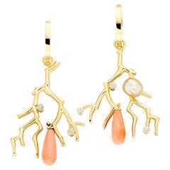 Lilly Hastedt Coral Branch Pearl and Diamond Earrings 18 Karat Gold