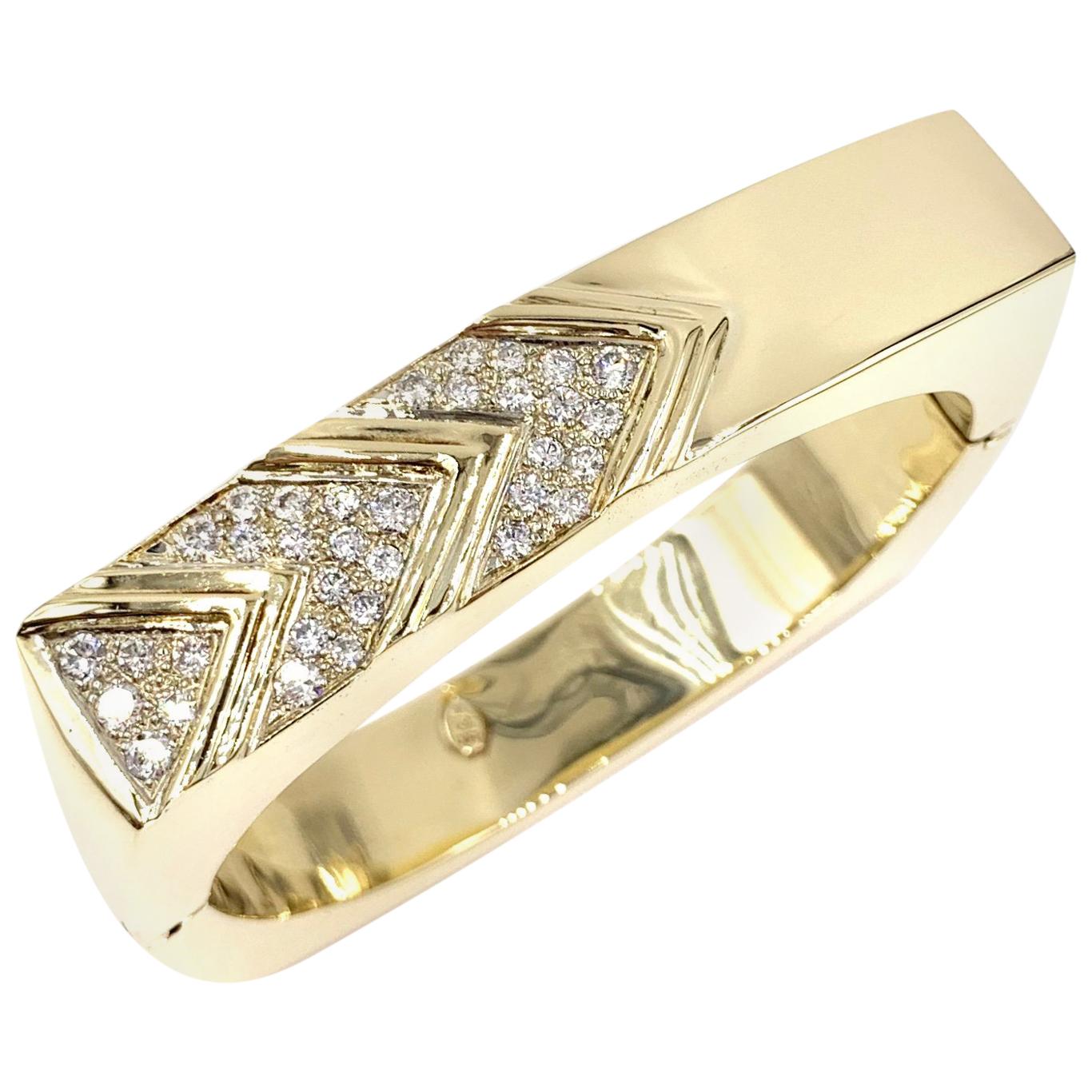 Yellow Gold Diamond Chevron Square Bangle Bracelet
