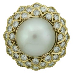 18 Karat Yellow Gold South Sea Pearl and Diamond Dome Ring, circa 1970s