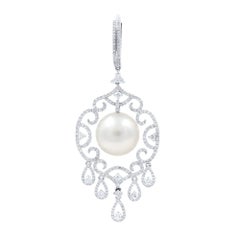 18 Karat White Gold Cultured Pearl and Diamond Dangle Earrings