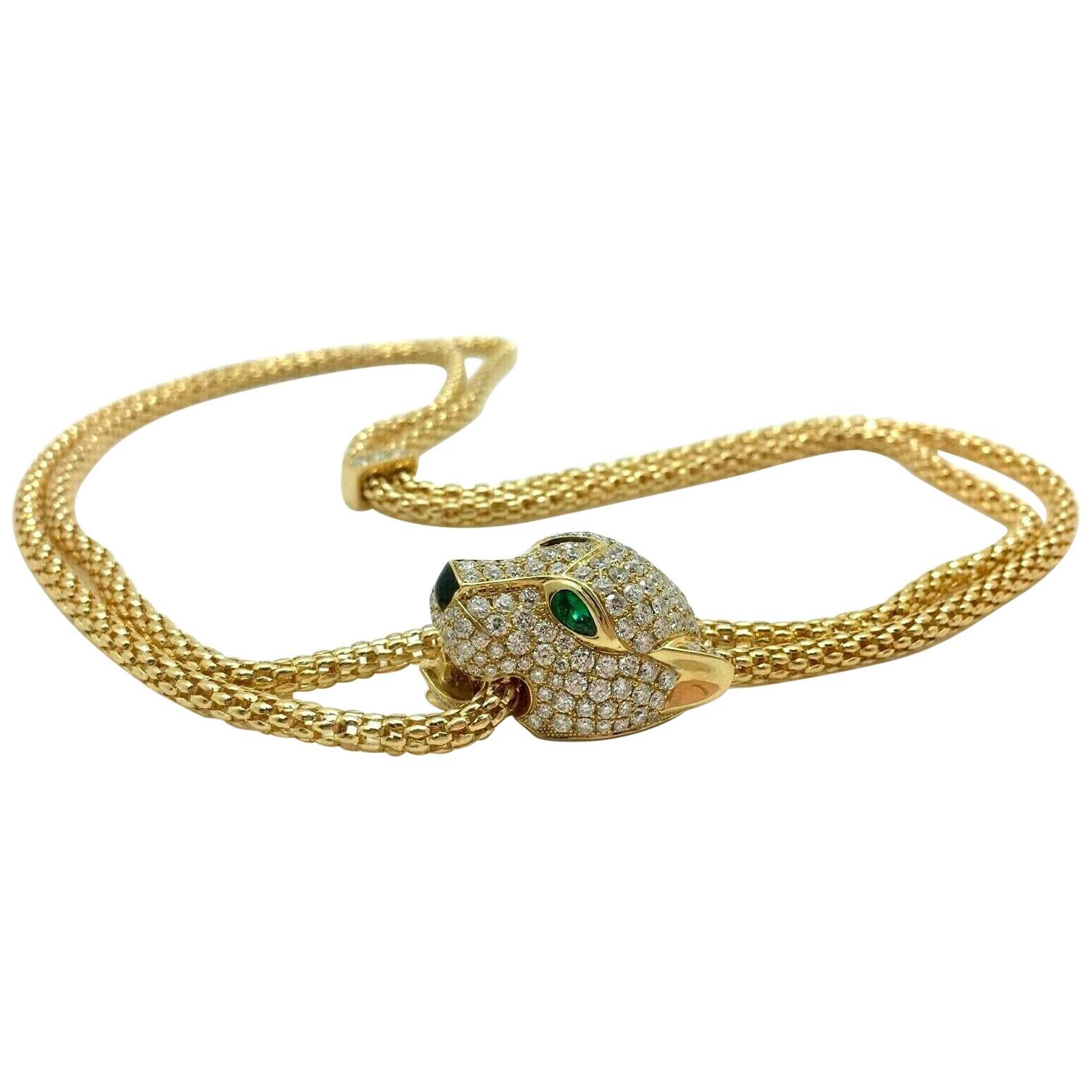 18K Yellow Gold 5.40 CTW Diamond & Emerald Adjustable Panther Necklace 40 Grams