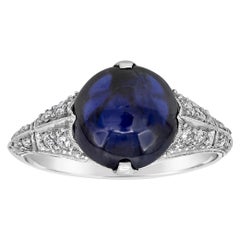 GIA Certified 4.42 Carats Total Cabochon Blue Sapphire & Diamond Antique Ring
