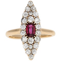 14 Karat Victorian Ruby and Euro Diamond Navette Ring