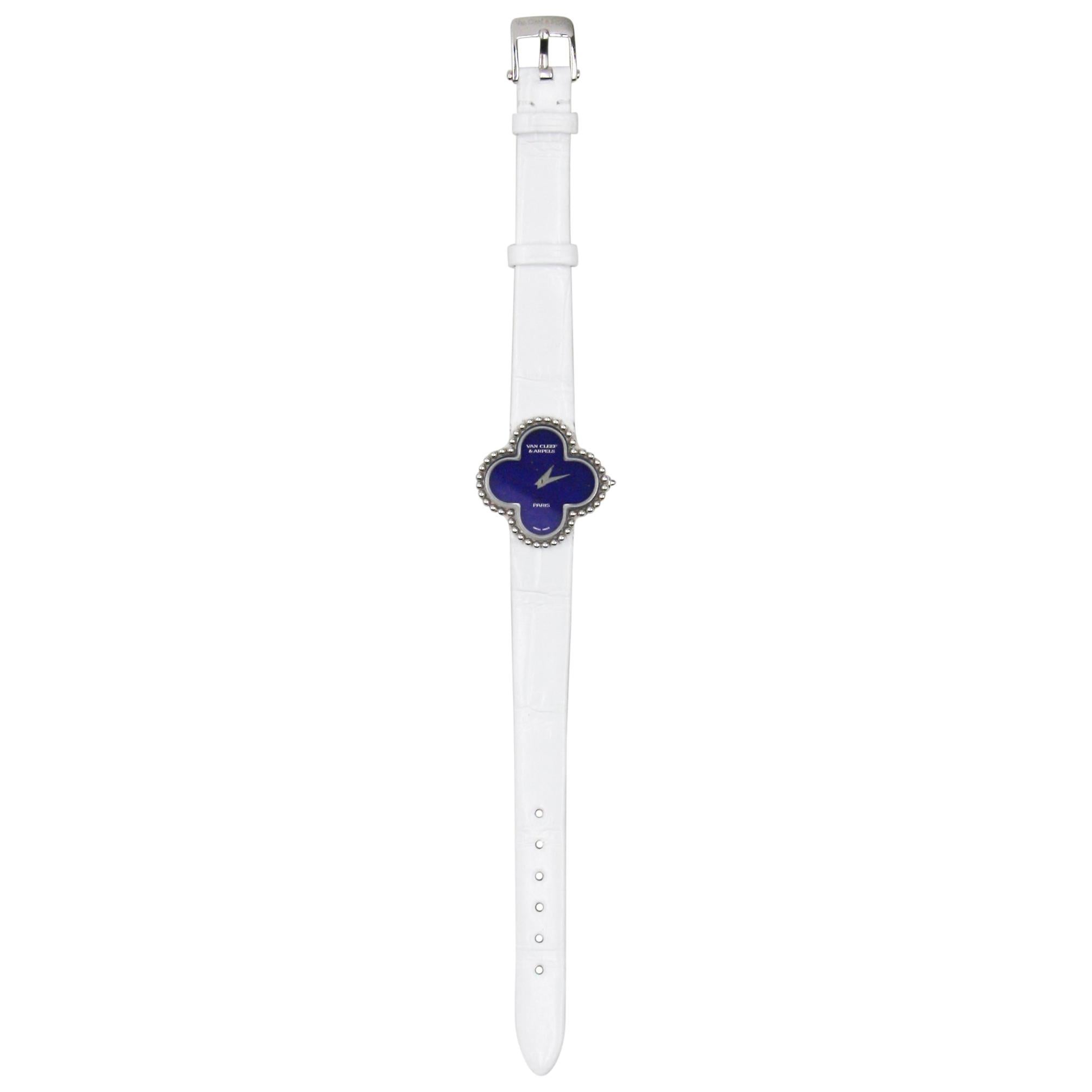Van Cleef & Arpels Alhambra Small Model White Gold Lapis Watch For Sale