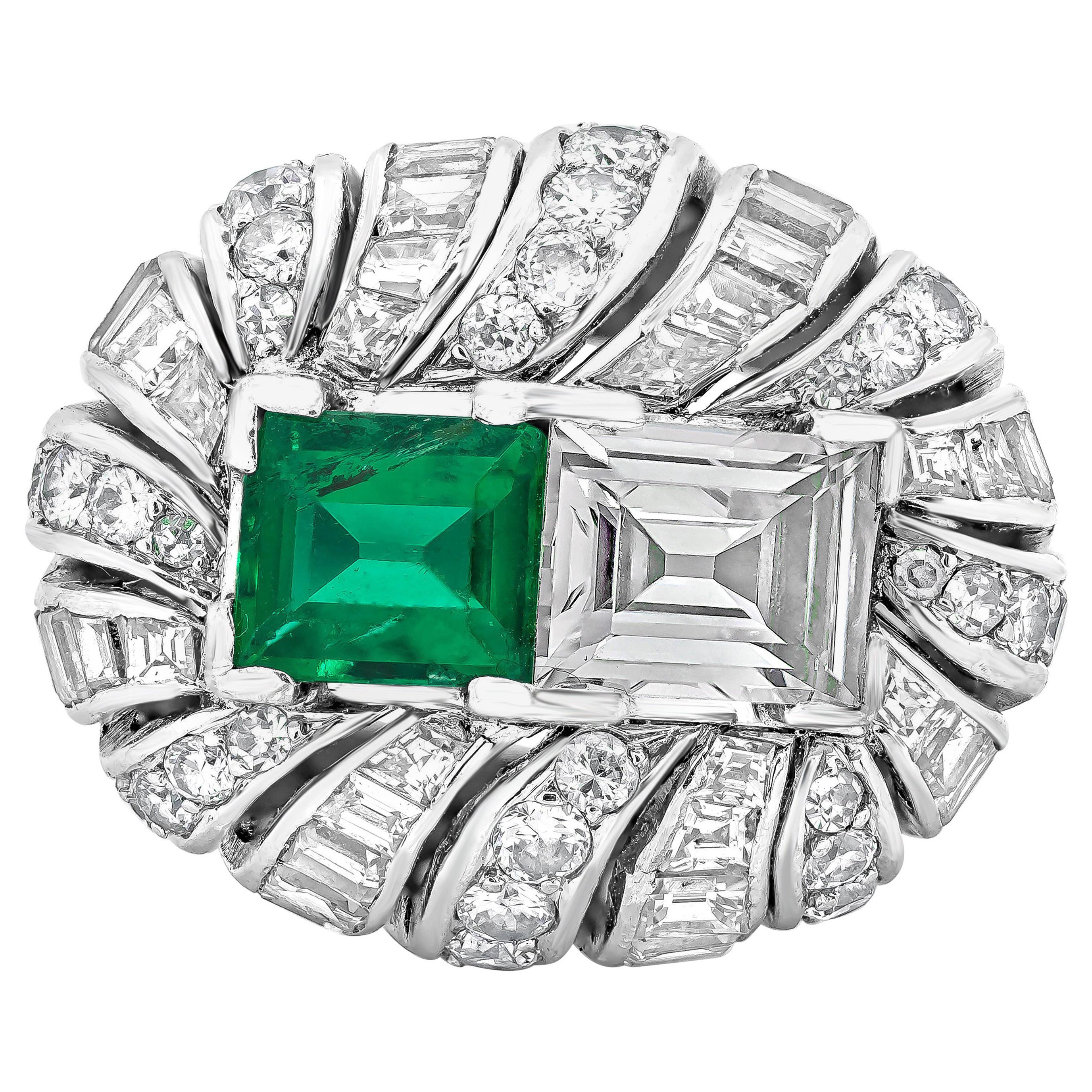 Vintage, 5.34 Carats Total Emerald Cut Colombian Emerald & Diamond Cocktail Ring