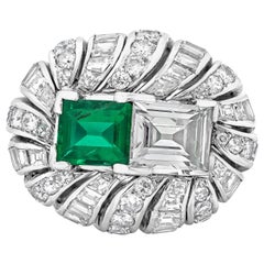 Vintage, 5.34 Carats Total Emerald Cut Colombian Emerald & Diamond Cocktail Ring