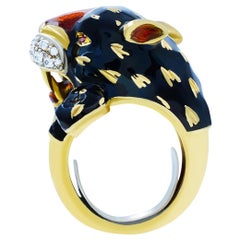 Panther Enamel Diamond 18 Karat Yellow Gold Ring
