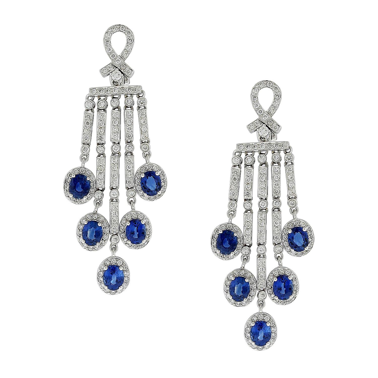 Blauer blauer Saphir Diamant-Kronleuchter-Tropfen-Ohrringe im Angebot