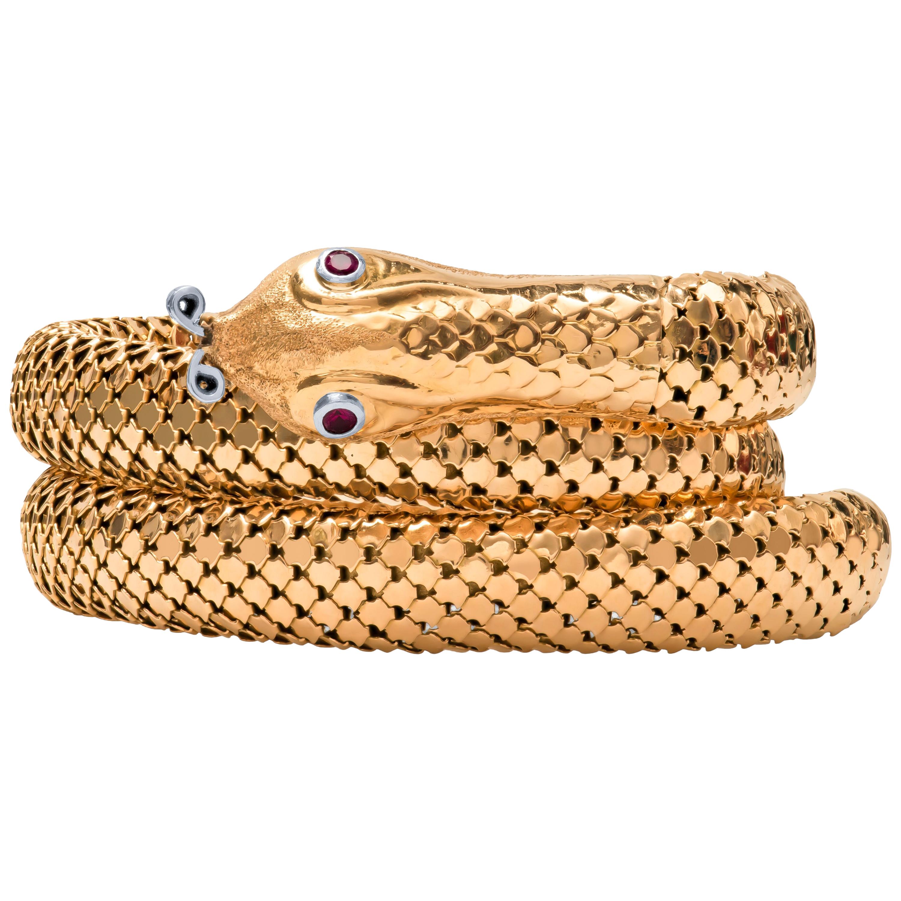 Estate 18 Karat Yellow Gold Ruby Snake Serpent Flexible Bracelet 49.5 Grams For Sale