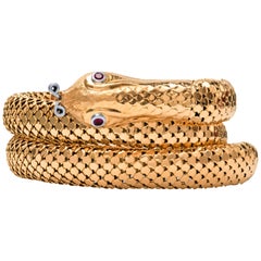 Estate 18 Karat Yellow Gold Ruby Snake Serpent Flexible Bracelet 49.5 Grams