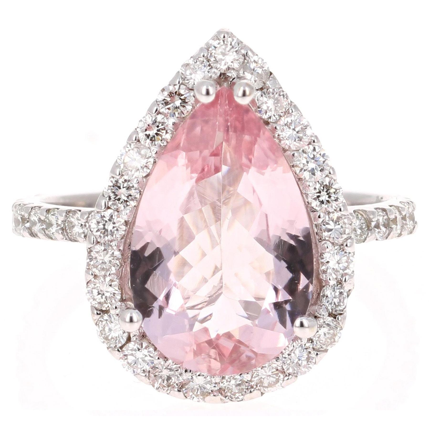 4.11 Carat Pear Cut Pink Morganite Diamond 18 Karat White Gold Engagement Ring
