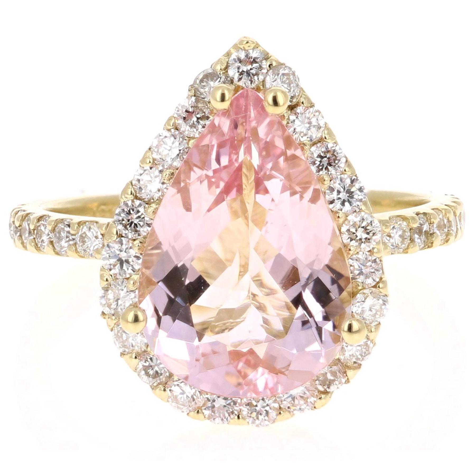 4.12 Carat Pear Cut Pink Morganite Diamond 18 Karat Yellow Gold Engagement Ring