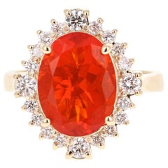 3.76 Carat Fire Opal Diamond Cocktail 14 Karat Yellow Gold Ring