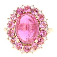 7.82 Carat Pink Tourmaline Diamond 14 Karat Yellow Gold Cocktail Ring