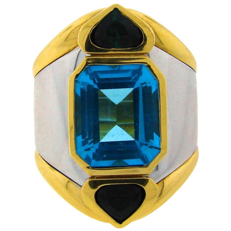 Marina B Gold Ring with Blue Topaz Green Tourmaline 1980s For Sale
