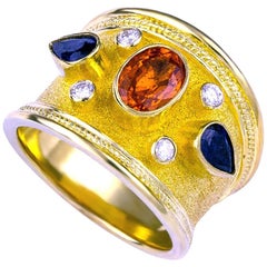 Georgios Kollektionen 18 Karat Gelbgold Diamant Multicolor Saphire breiter Ring