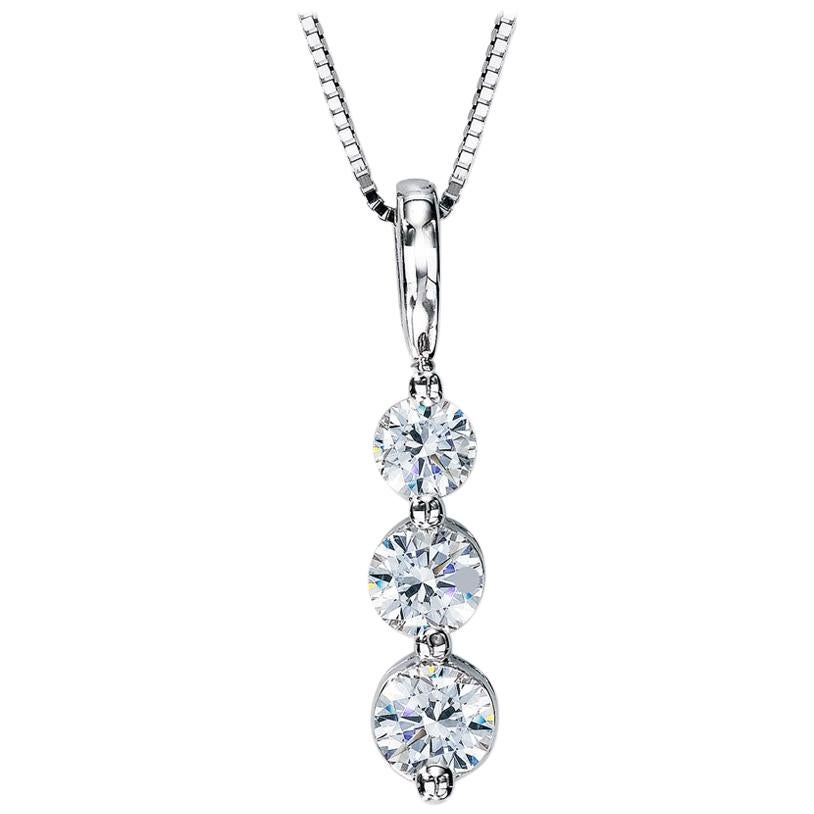 1 Carat Round Cut 3Stone Drop Pendant Diamond 18 Karat White Gold For