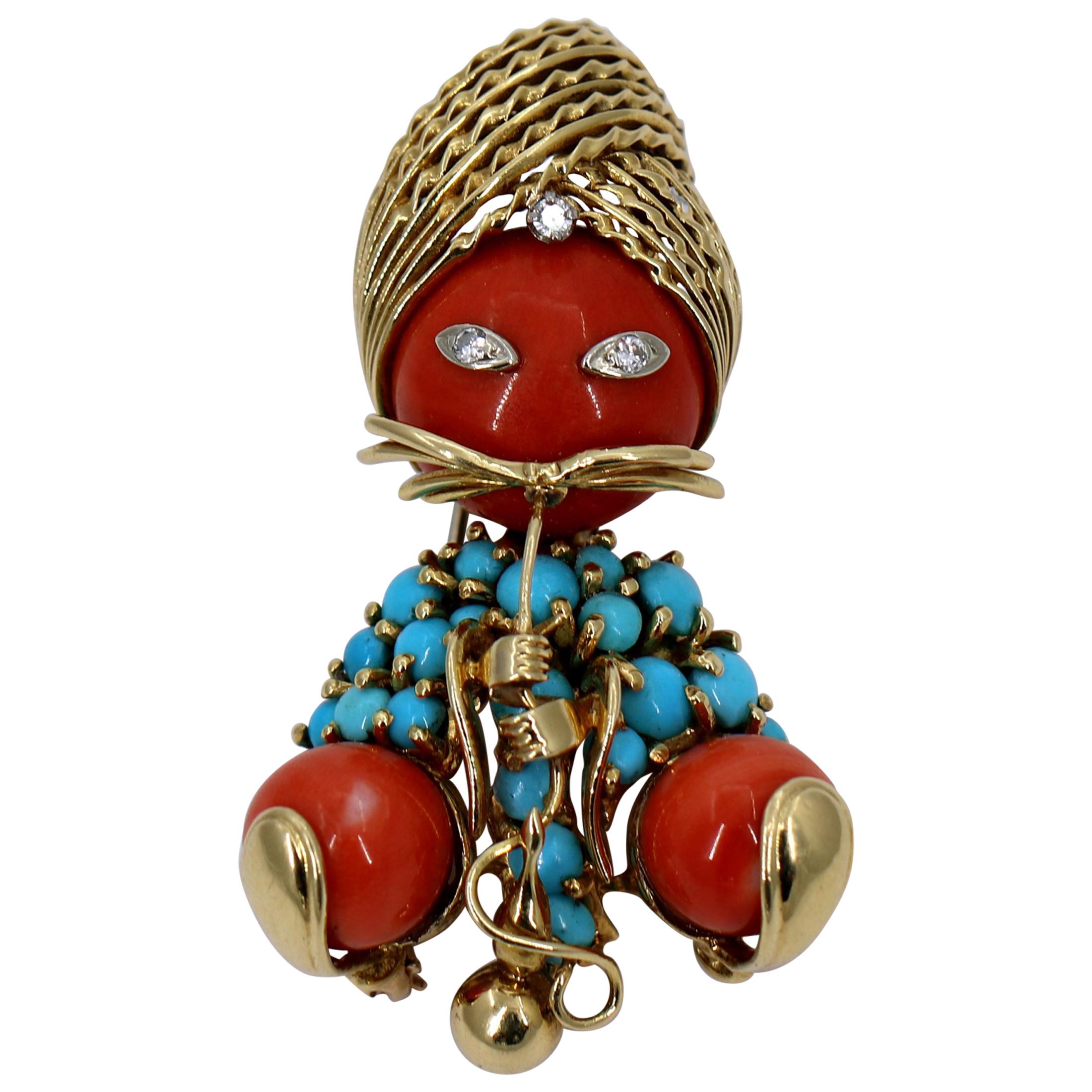 Gold Genie Brooch with Coral and Turquoise