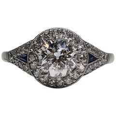 Platinum Art Deco Style Sapphire and Diamond Halo Engagement Ring