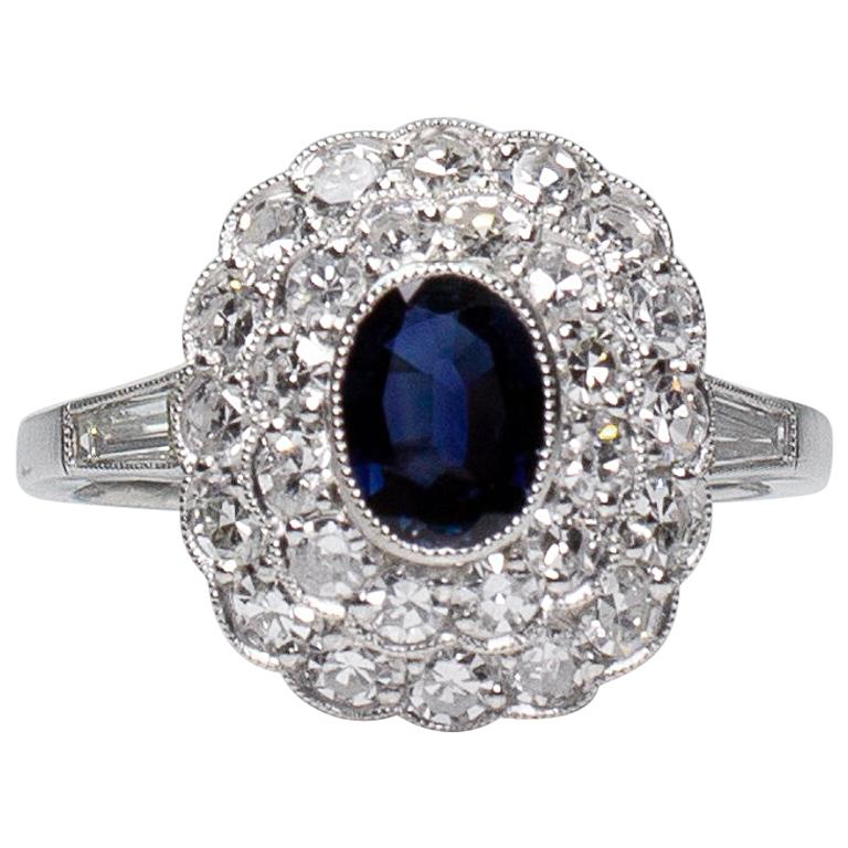 Platinum Antique Art Deco Style Sapphire and Diamond Halo Ring