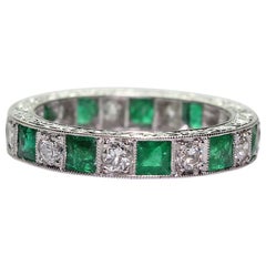 Platinum Art Deco Style Antique Emerald and Diamond Eternity Band Ring