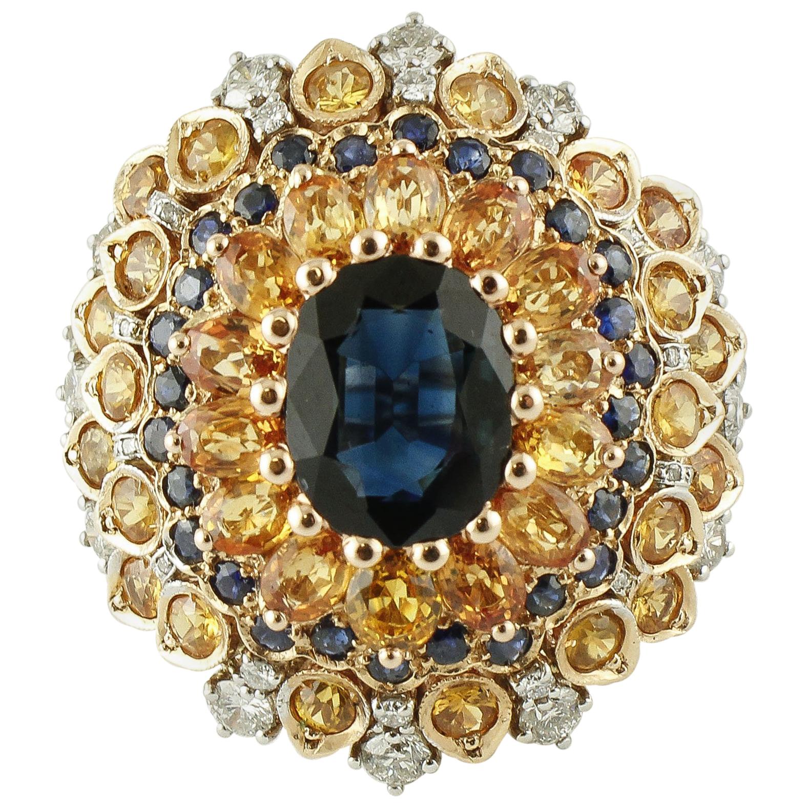Bague en or rose 4 carats, saphir bleu central, saphirs bleus et jaunes, diamants en vente