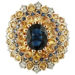 4ct Central Blue Sapphire, Blue and Yellow Sapphires, Diamonds, Rose Gold Ring