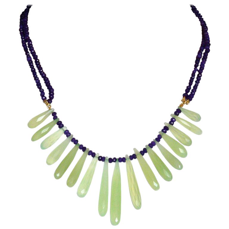 Faced Amethyst and Green Calcedonio Drops 18 Karat Gold Linked Cactus Necklace