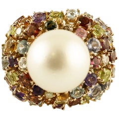 Vintage South Sea Pearl, Diamonds, Citrine, Tourmaline, Amethysts, Aquamarine Ring