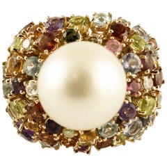 Retro South Sea Pearl, Diamonds, Citrine, Tourmaline, Amethysts, Aquamarine Ring