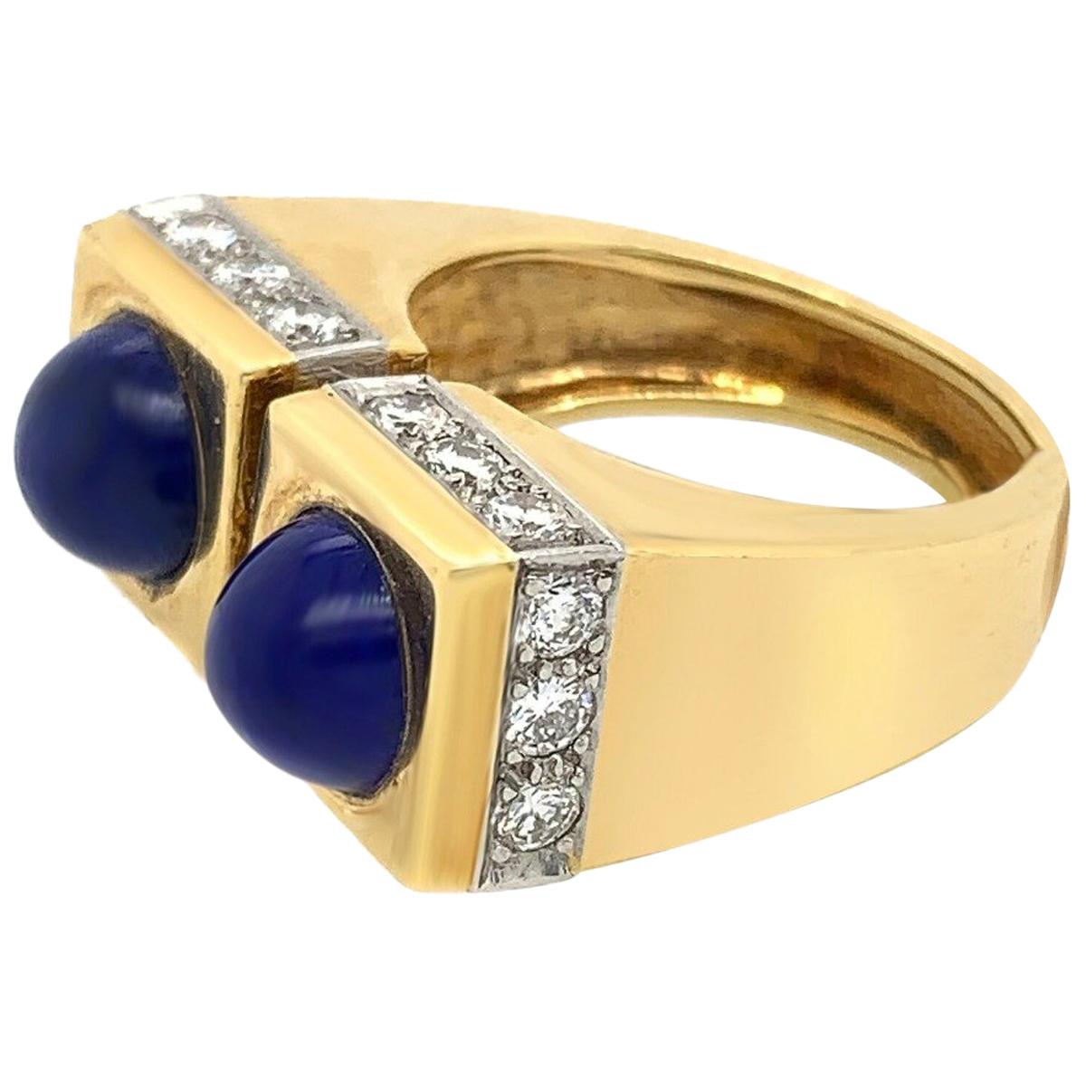 Tiffany & Co Yellow Gold Diamond Lapis Ring Set with 2 Lapis Lazuli Stones For Sale