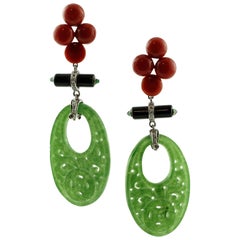 Diamonds, Emeralds, Carved Jade, Red Rubrum Coral, White Gold Dangle Earrings