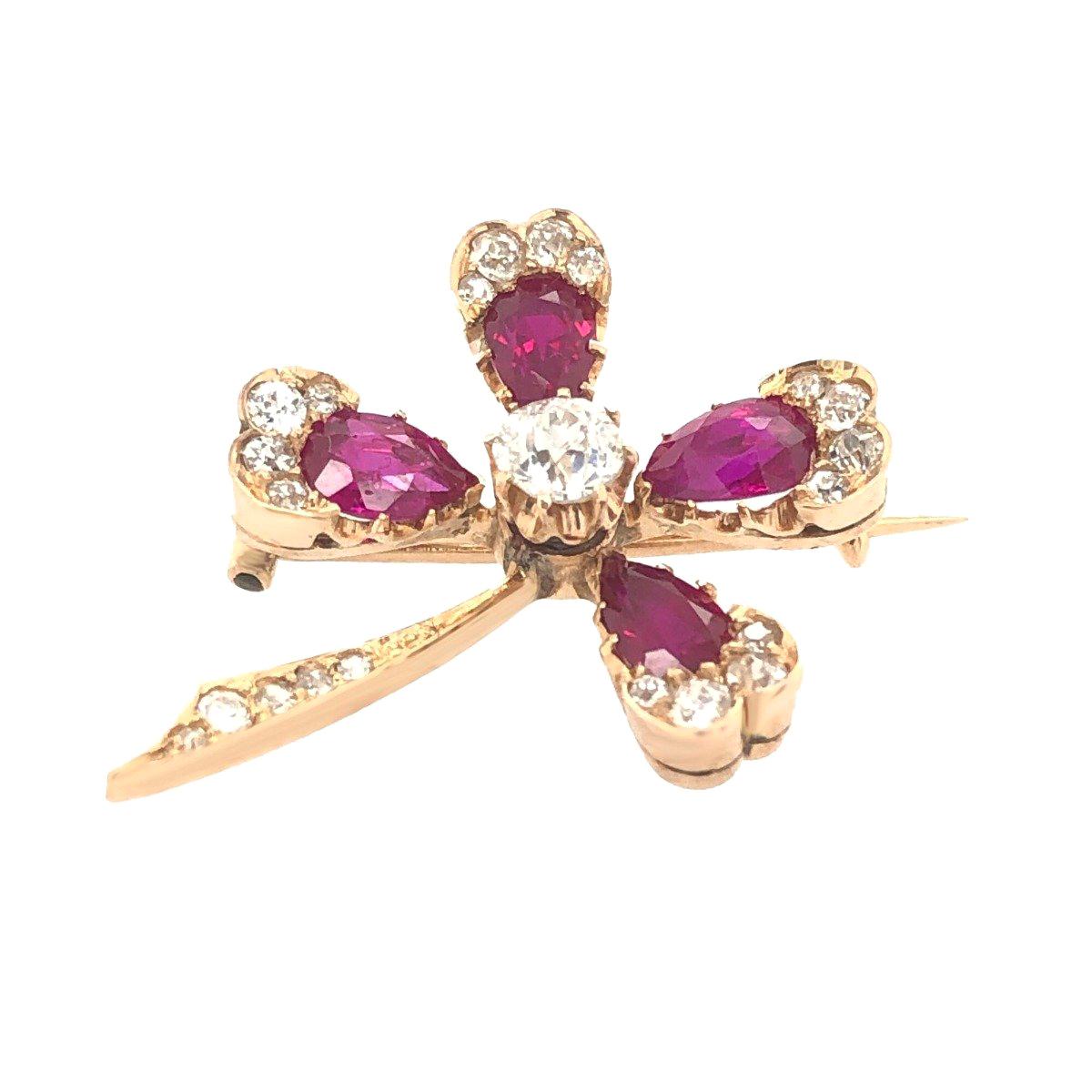 Clover Diamond Ruby Antique Brooch For Sale