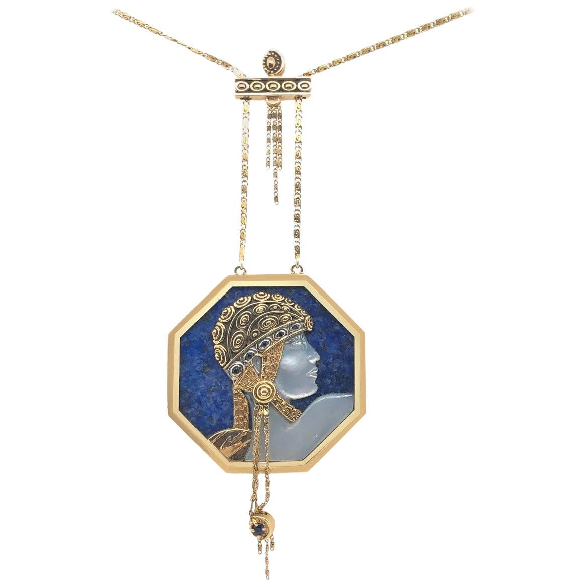 Erte Gold Lapis Lazuli Mother of Pearl and Sapphire Pendant Necklace