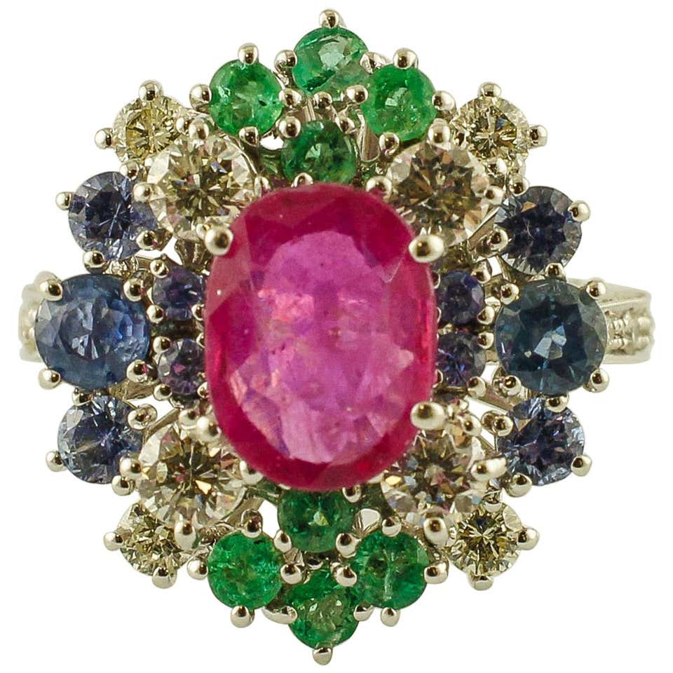 Set of three Tulip Rings in Emerald, Ruby and Sapphire. at 1stDibs ...