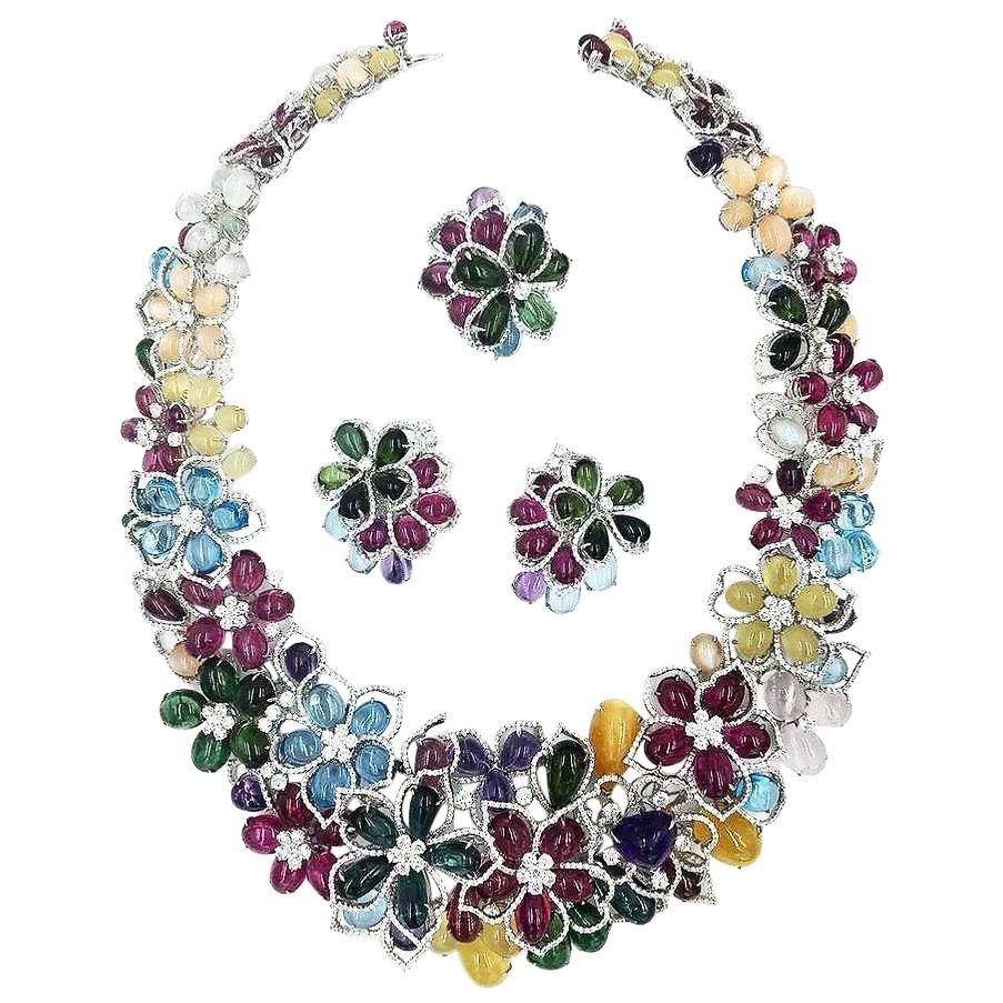 Gregg Ruth Diamond Amethyst Rubilite Tourmaline Topaz Flower Necklace Suite For Sale