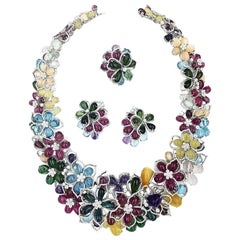 Retro Gregg Ruth Diamond Amethyst Rubilite Tourmaline Topaz Flower Necklace Suite