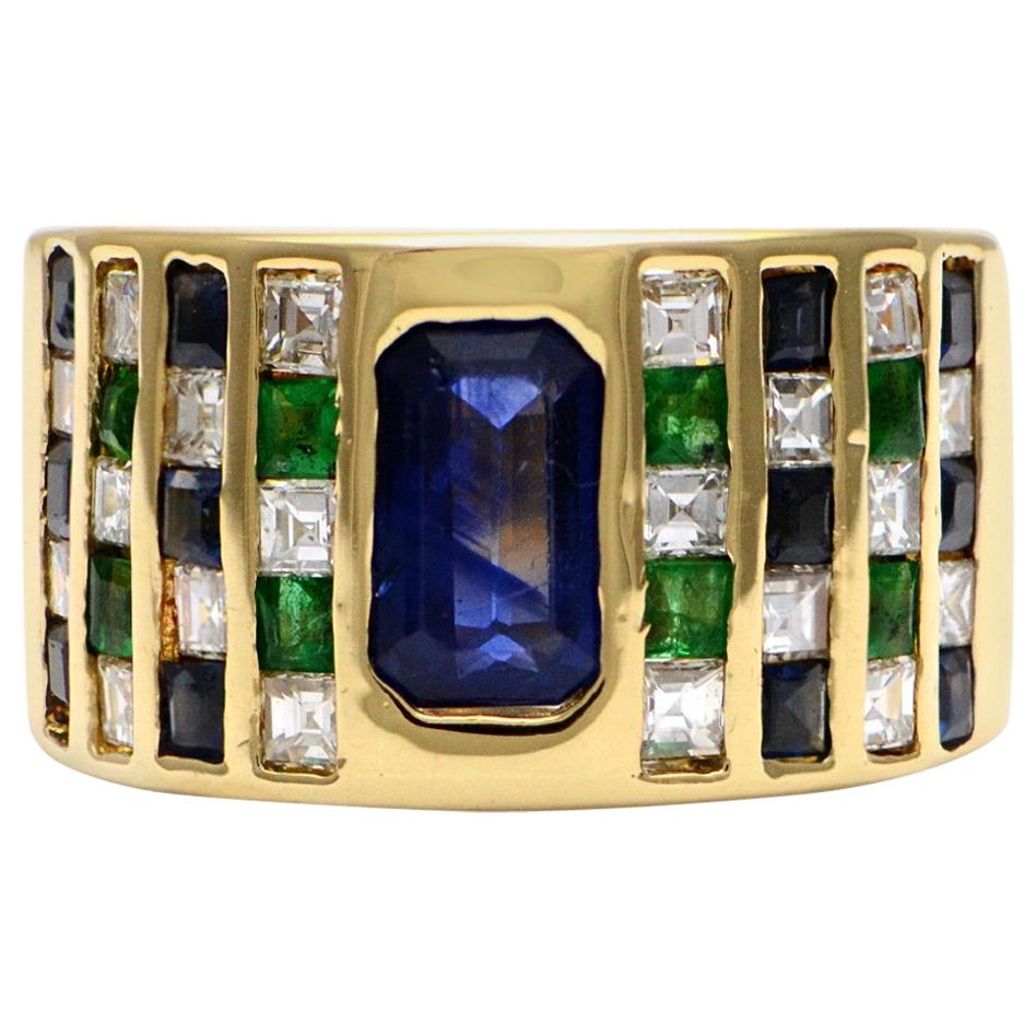 Solid 18 Karat Yellow Gold Genuine Sapphire, Diamond and Emerald Ring 12.4g