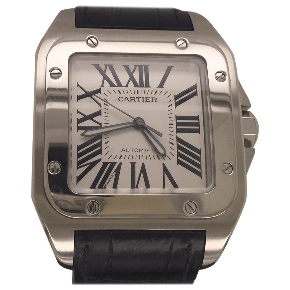 Men's Stainless Steel Cartier Santos Roadster with a Black Leather Strap For Sale