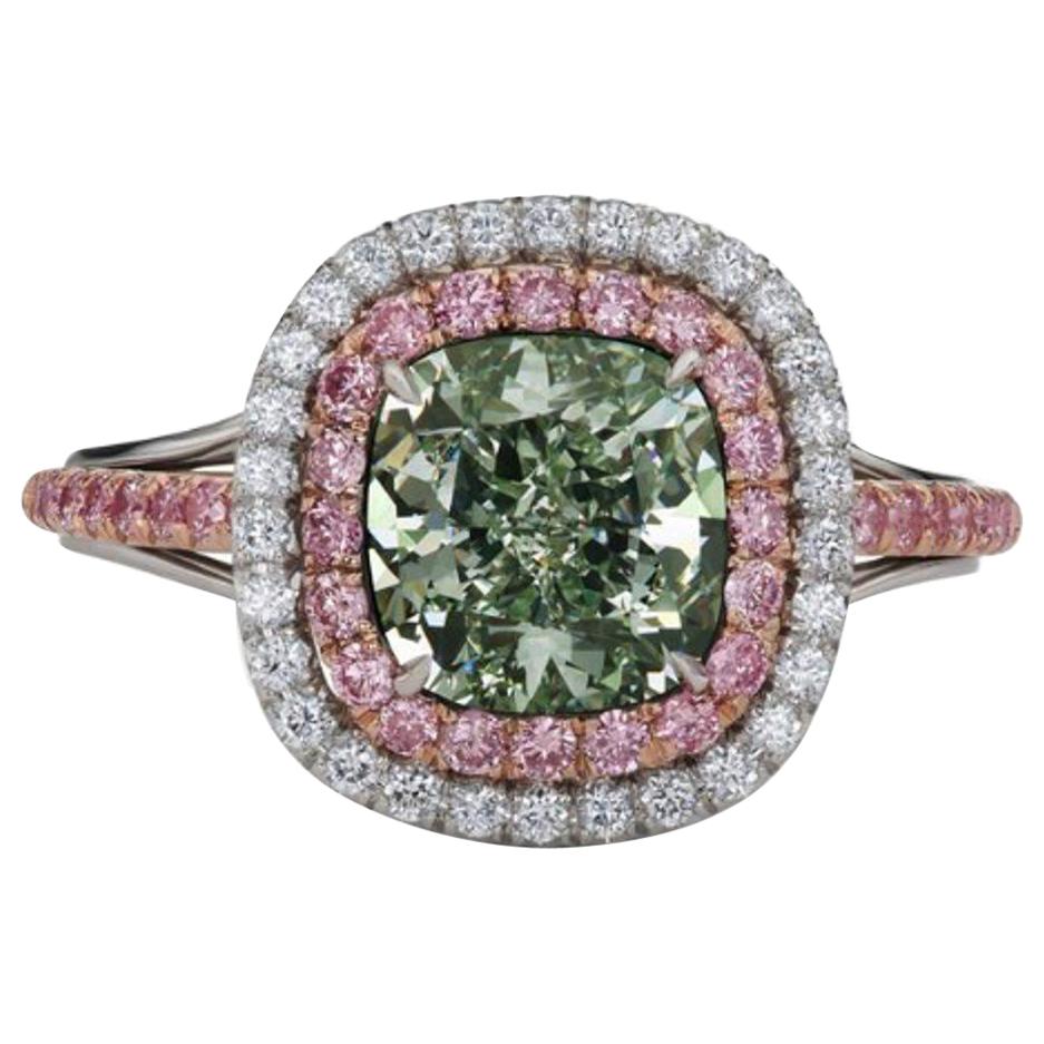 GIA Certified 2.44 Carat Cushion Cut Natural Fancy Green Diamond Platinum Ring For Sale