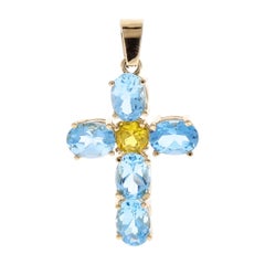 5.80 Carat Total Swiss Blue Topaz and Citrine Cross Pendant in 14 Karat Gold