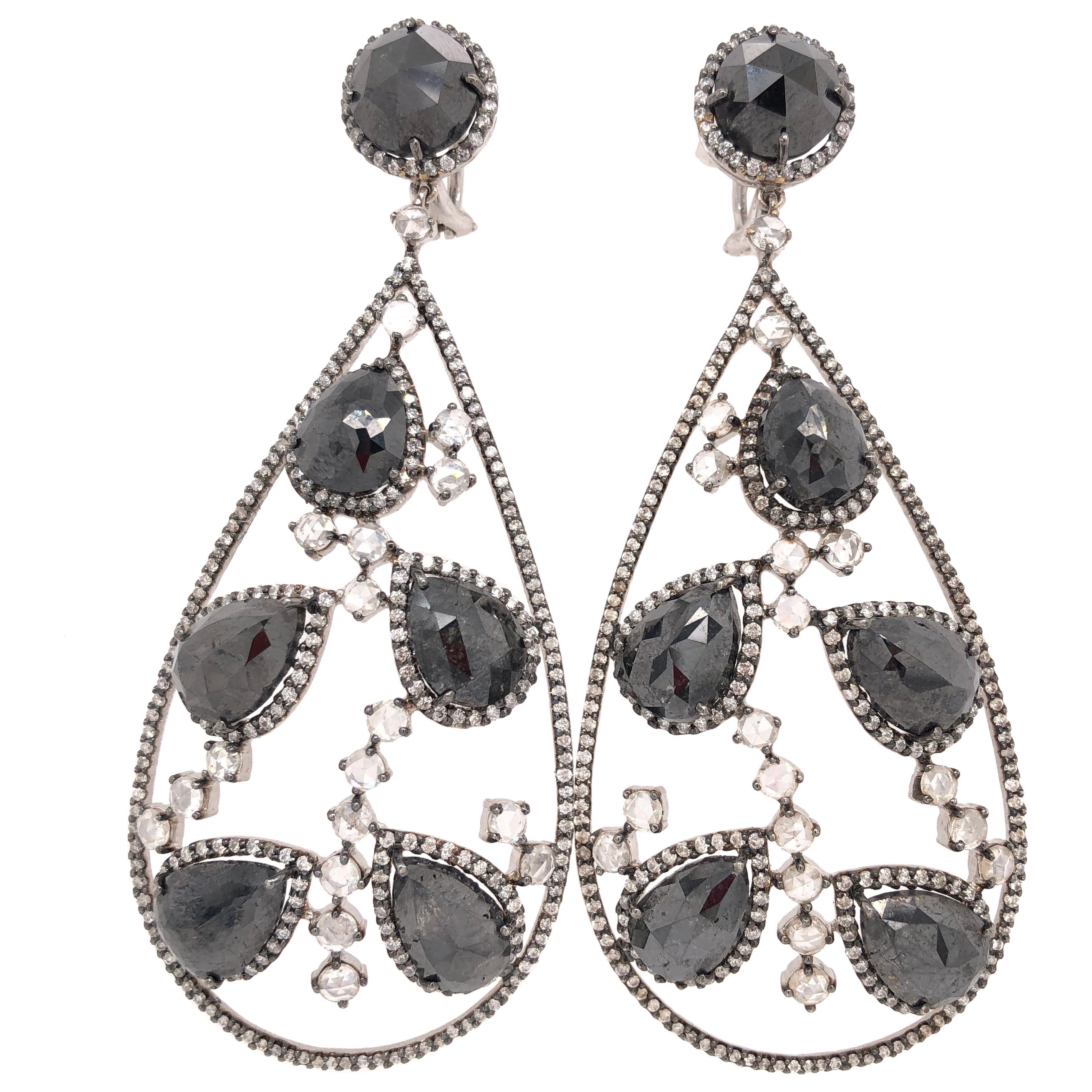RUCHI Black Diamond and Rose-Cut White Diamond Black Rhodium Chandelier Earrings For Sale